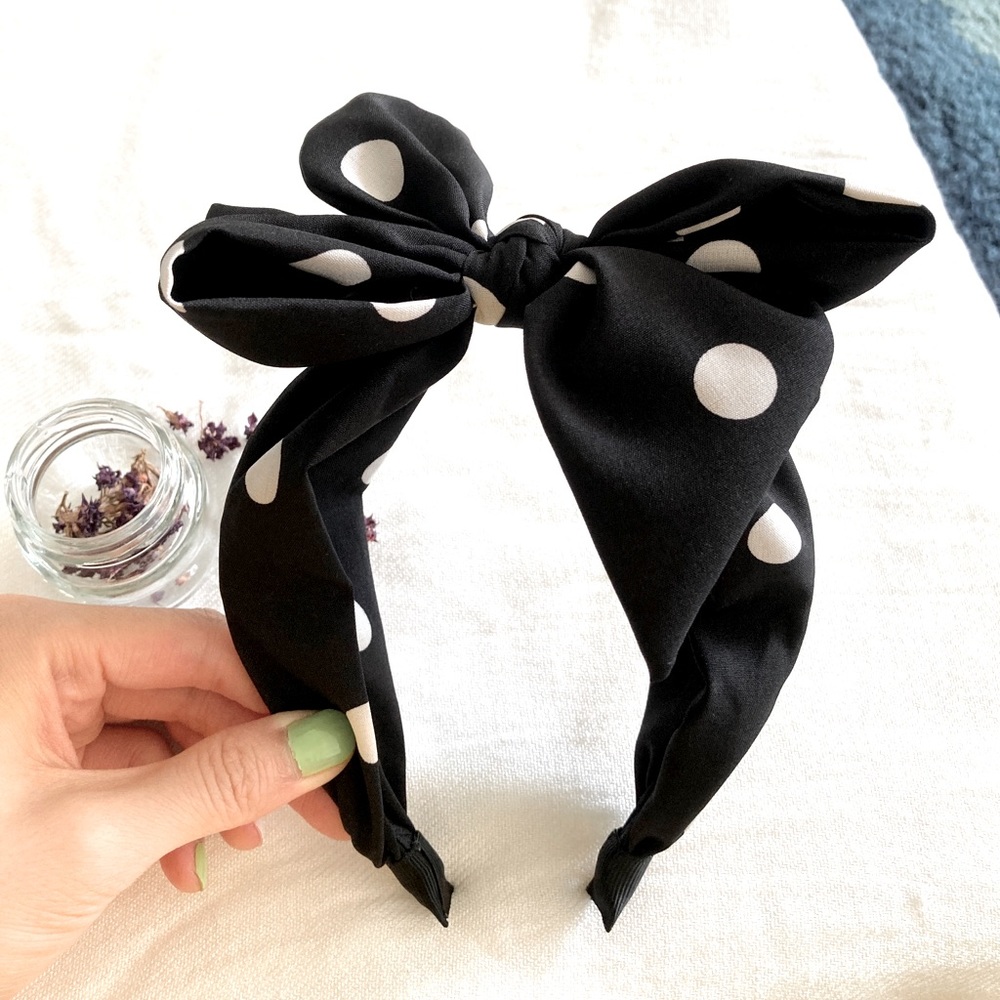 Black and white polka dot bow headband